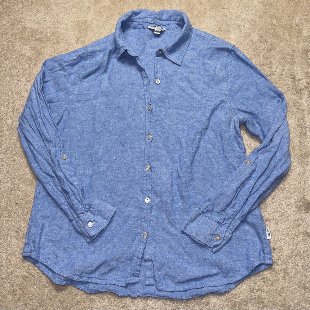 Orvis Linen Blend Button Up Shirt Womens Medium Blue Casual Travel
